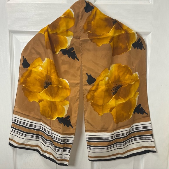 Oscar de la Renta Vintage Silk Satin Floral Scarf Yellow and Brown Designer Wrap - Picture 2 of 7